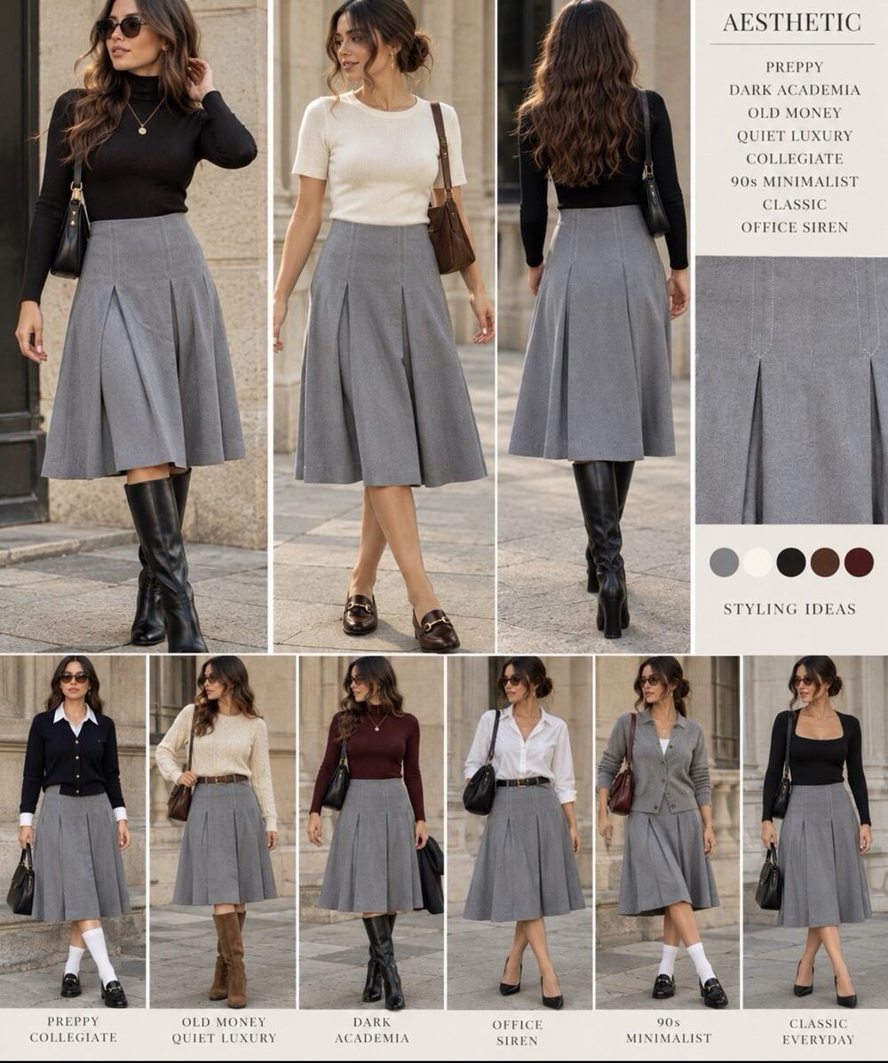 VTG Y2K Max Studio Sz 8 Grey Pleated Midi Skirt Dark Academia Office Quiet Lux